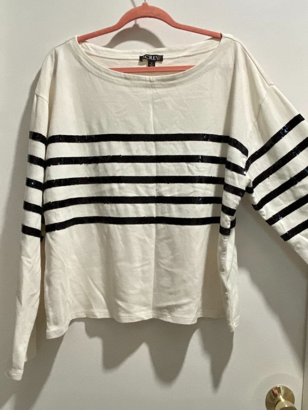 J. Crew Stripe Sequins Relaxed Party Office Preppy Cotton Knit Top Sweater XL
